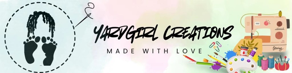 Logo of YardGirl Creations featuring a playful design with artistic elements like a sewing machine, paint palette, and colorful craft supplies.